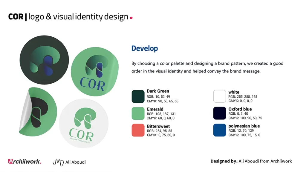 طراحی پالت رنگی به عنوان بخشی از طراحی هویت بصری برند COR-طراحی شده توسط گروه طراحی آرچیوورک